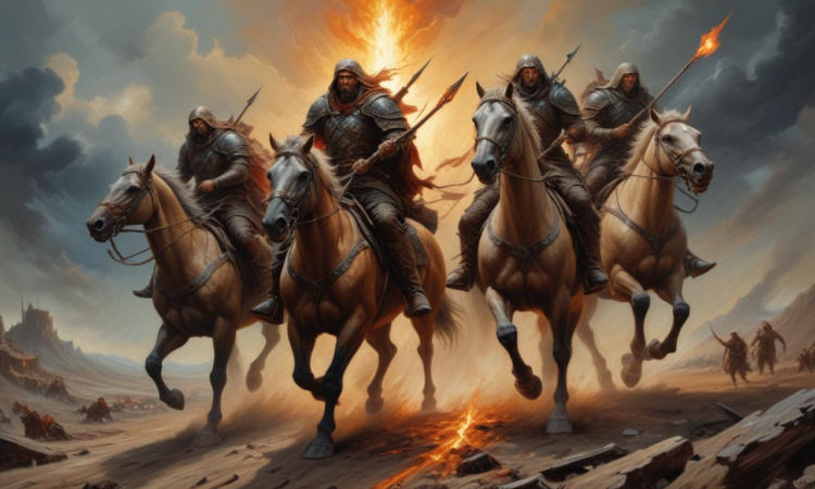 Die vier Reiter: Symbol der Apokalypse und Spiegel menschlicher Krisen, Macht und Existenzfragen ergreifen uns in bunten Bildern.