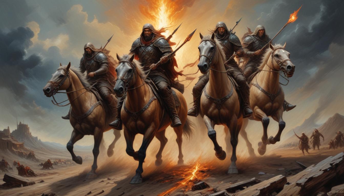 Die vier Reiter: Symbol der Apokalypse und Spiegel menschlicher Krisen, Macht und Existenzfragen ergreifen uns in bunten Bildern.